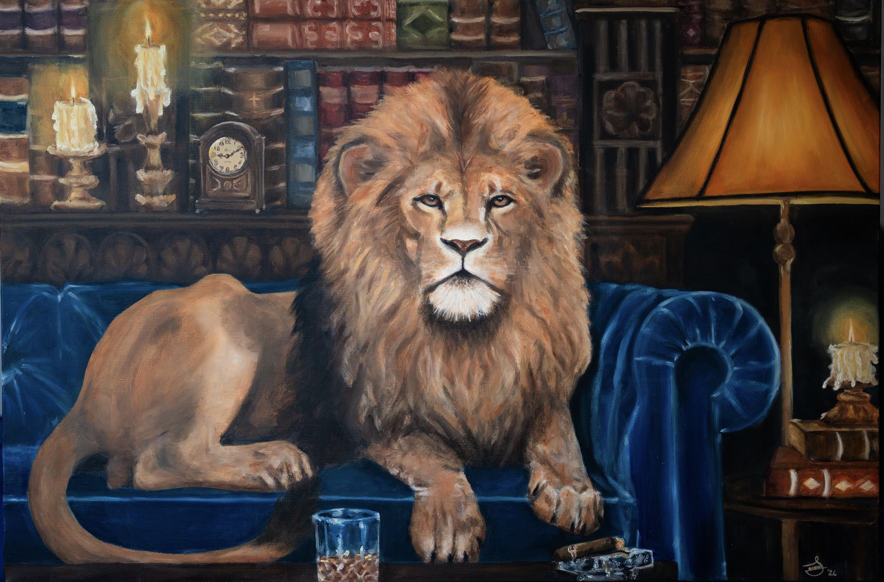 Lion in a Whiskey Room, Oil on Canvas
