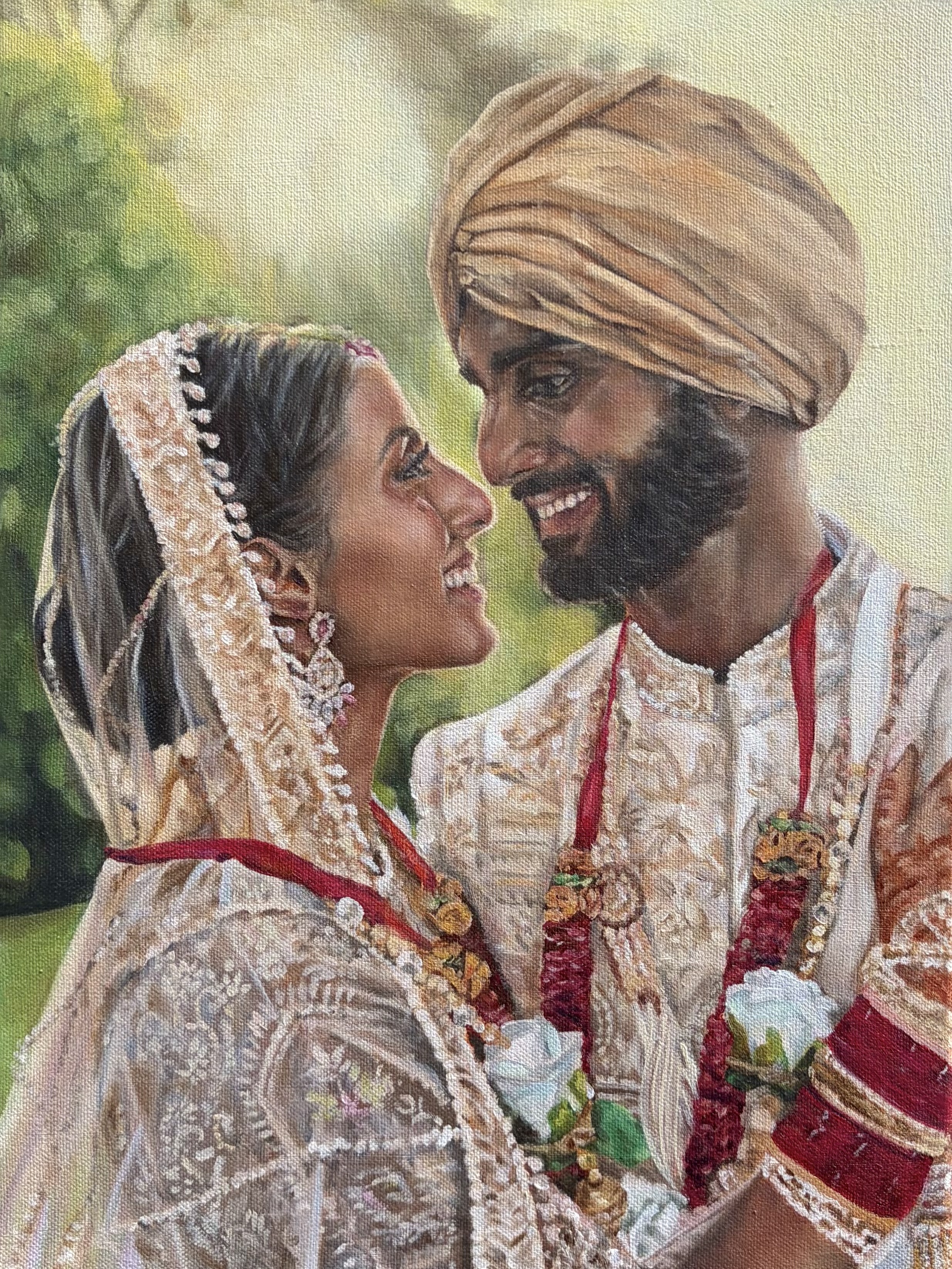 Romantic first dance wedding painting with warm reception lighting